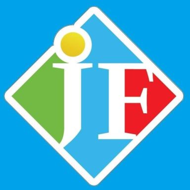 Logo coloré avec les lettres "JF" sur fond bleu.