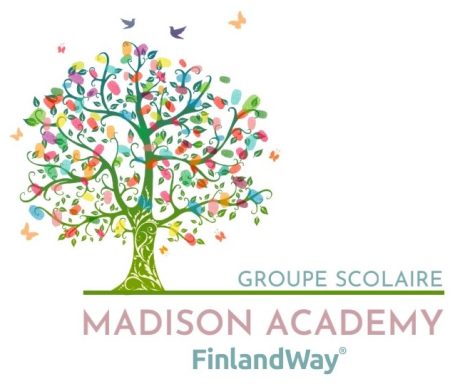 Arbre coloré avec des cœurs et des oiseaux, logo de Madison Academy.